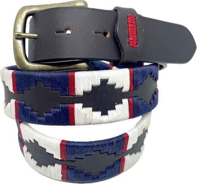 ARGENTINIAN LEATHER BELT FOR MEN WITH WHITE AND NAVY BLUE PATTERN WITH WAXED CORD 