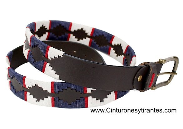 ARGENTINIAN LEATHER BELT FOR MEN WITH WHITE AND NAVY BLUE PATTERN WITH WAXED CORD 