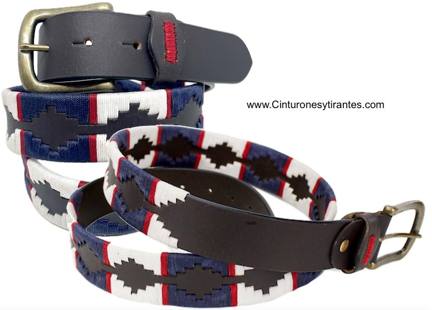 ARGENTINIAN LEATHER BELT FOR MEN WITH WHITE AND NAVY BLUE PATTERN WITH WAXED CORD 