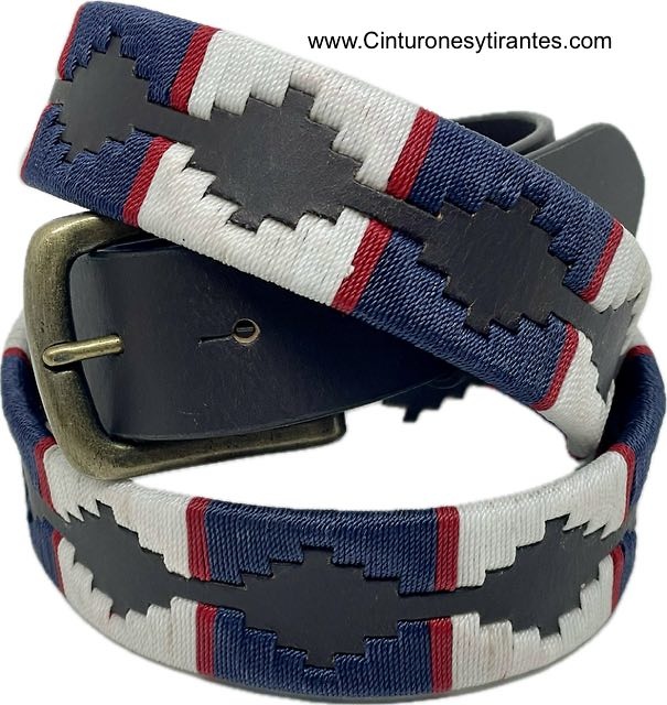 ARGENTINIAN LEATHER BELT FOR MEN WITH WHITE AND NAVY BLUE PATTERN WITH WAXED CORD 