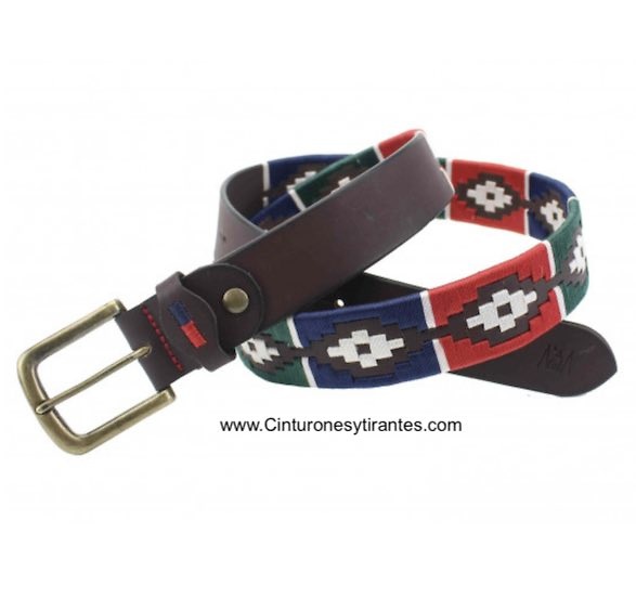 ARGENTINIAN MEN'S LEATHER BELT WITH FULL PATTERN RED GREEN BLUE BEIGE GREEN STRING 