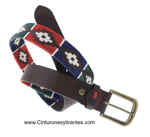 ARGENTINIAN MEN'S LEATHER BELT WITH FULL PATTERN RED GREEN BLUE BEIGE GREEN STRING 