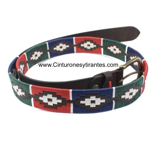 ARGENTINIAN MEN'S LEATHER BELT WITH FULL PATTERN RED GREEN BLUE BEIGE GREEN STRING 