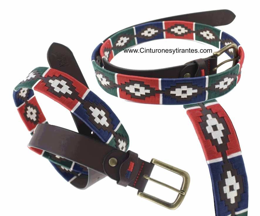 ARGENTINIAN MEN'S LEATHER BELT WITH FULL PATTERN RED GREEN BLUE BEIGE GREEN STRING 