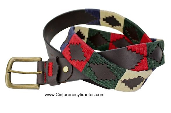 ARGENTINIAN MEN'S LEATHER BELT WITH WAXED CORD DESIGN RED GREEN BLUE BEIGE 