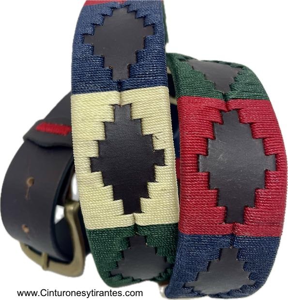 ARGENTINIAN MEN'S LEATHER BELT WITH WAXED CORD DESIGN RED GREEN BLUE BEIGE 