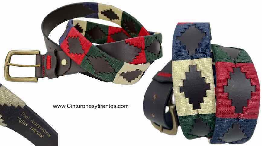 ARGENTINIAN MEN'S LEATHER BELT WITH WAXED CORD DESIGN RED GREEN BLUE BEIGE 