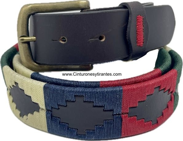 ARGENTINIAN MEN'S LEATHER BELT WITH WAXED CORD DESIGN RED GREEN BLUE BEIGE 