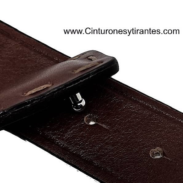 BROWN BELT WITH LINED BUCKLE AND HANDMADE SEWING ALL LEATHER 