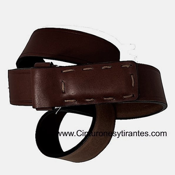 BROWN BELT WITH LINED BUCKLE AND HANDMADE SEWING ALL LEATHER 