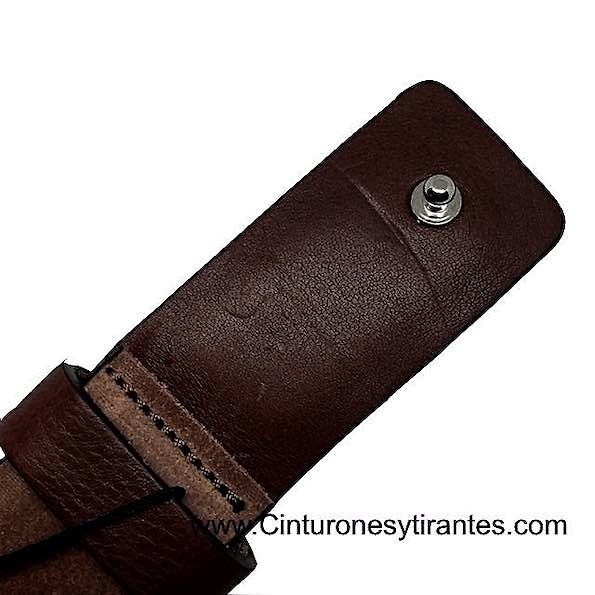 BROWN BELT WITH LINED BUCKLE AND HANDMADE SEWING ALL LEATHER 