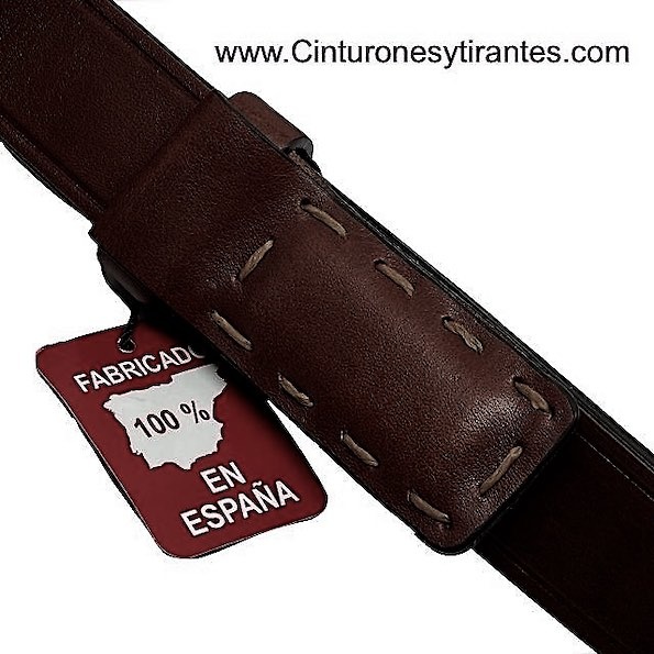 BROWN BELT WITH LINED BUCKLE AND HANDMADE SEWING ALL LEATHER 