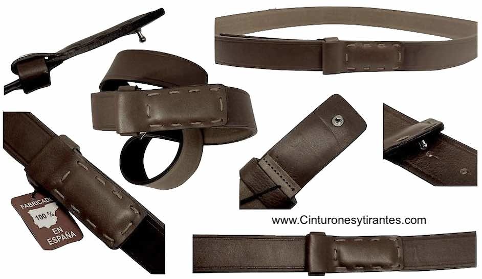 BROWN BELT WITH LINED BUCKLE AND HANDMADE SEWING ALL LEATHER 