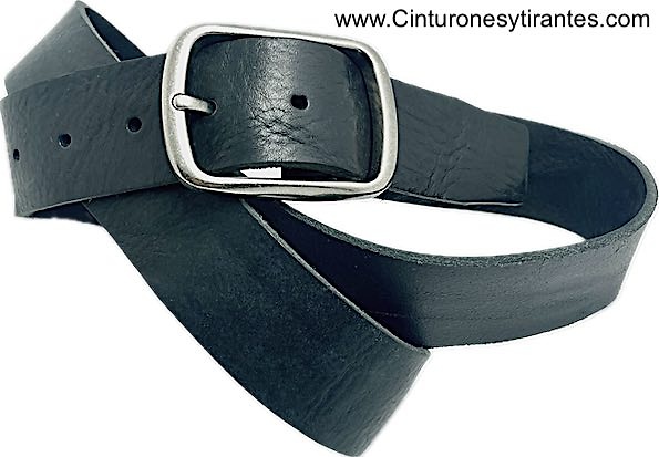 CINTURÓN ANCHO 4 CMS DE CUERO NEGRO EXTRA FUERTE CON HEBILLA DE METAL ENVEJECIDA PASE DOBLE 