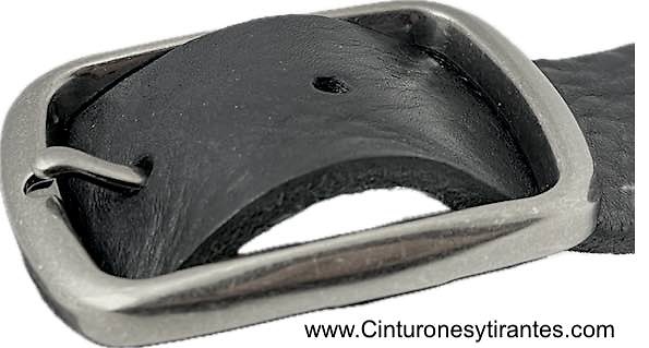 CINTURÓN ANCHO 4 CMS DE CUERO NEGRO EXTRA FUERTE CON HEBILLA DE METAL ENVEJECIDA PASE DOBLE 