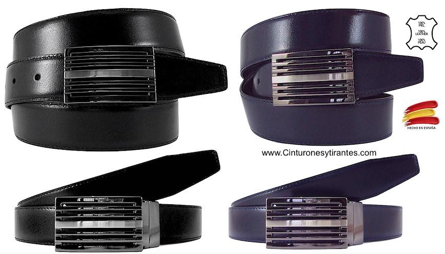 CINTURÓN HOMBRE PIEL A LAS DOS CARAS DE COLOR NEGRO Y AZUL MARINO Y HEBILLA REVERSIBLE ANCHO 33 MM 