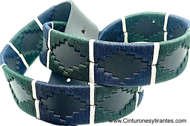 CINTURÓN HOMBRE TRADICIONAL ARGENTINO CON HILO ENCERADO AZUL MARINO, BLANCO Y VERDE INGLÉS 