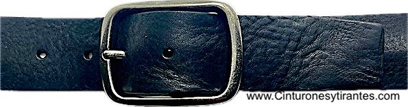 CM WIDE BELT IN EXTRA STRONG BLACK LEATHER WITH ANTIQUED METAL BUCKLE DOUBLE PASS 