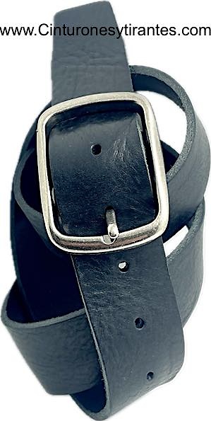 CM WIDE BELT IN EXTRA STRONG BLACK LEATHER WITH ANTIQUED METAL BUCKLE DOUBLE PASS 