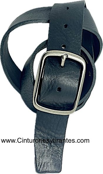 CM WIDE BELT IN EXTRA STRONG BLACK LEATHER WITH ANTIQUED METAL BUCKLE DOUBLE PASS 