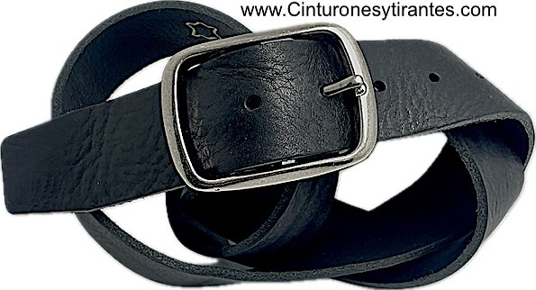 CM WIDE BELT IN EXTRA STRONG BLACK LEATHER WITH ANTIQUED METAL BUCKLE DOUBLE PASS 