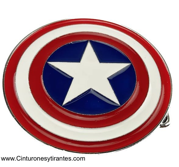 ENAMELED ROUND BUCKLE LEATHER BELT WITH WHITE BLUE AND RED STAR OF AMERICA 