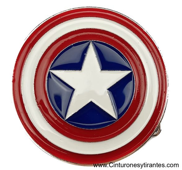 ENAMELED ROUND BUCKLE LEATHER BELT WITH WHITE BLUE AND RED STAR OF AMERICA 