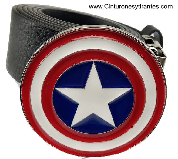 ENAMELED ROUND BUCKLE LEATHER BELT WITH WHITE BLUE AND RED STAR OF AMERICA 