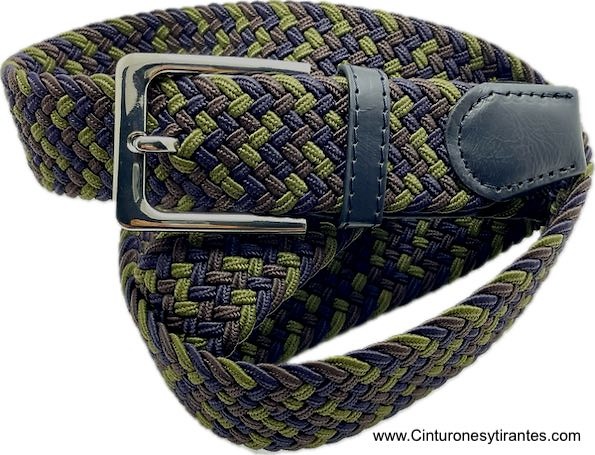 MEN'S BRAIDED ELASTICATED BELT TAUPE GREEN AND NAVY BLUE 