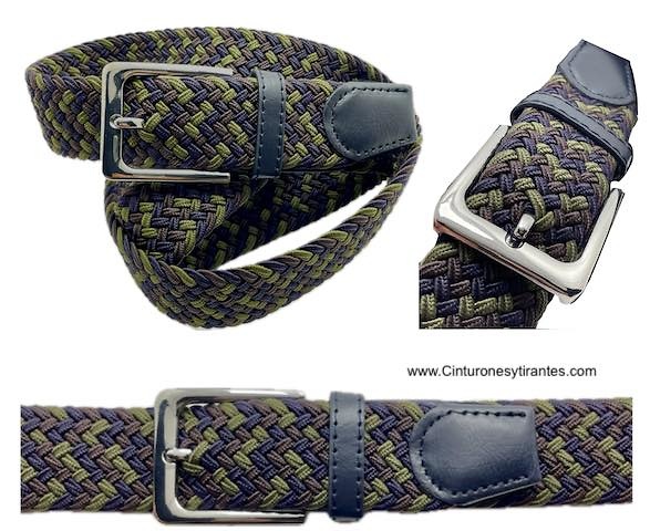 MEN'S BRAIDED ELASTICATED BELT TAUPE GREEN AND NAVY BLUE 