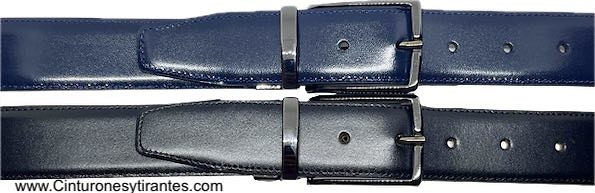 MEN'S REVERSIBLE BLACK AND NAVY BLUE LUXURY LEATHER BELT WITH BLUE BUCKLE 