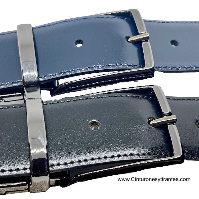 MEN'S REVERSIBLE BLACK AND NAVY BLUE LUXURY LEATHER BELT WITH BLUE BUCKLE 