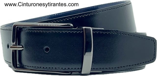 MEN'S REVERSIBLE BLACK AND NAVY BLUE LUXURY LEATHER BELT WITH BLUE BUCKLE 