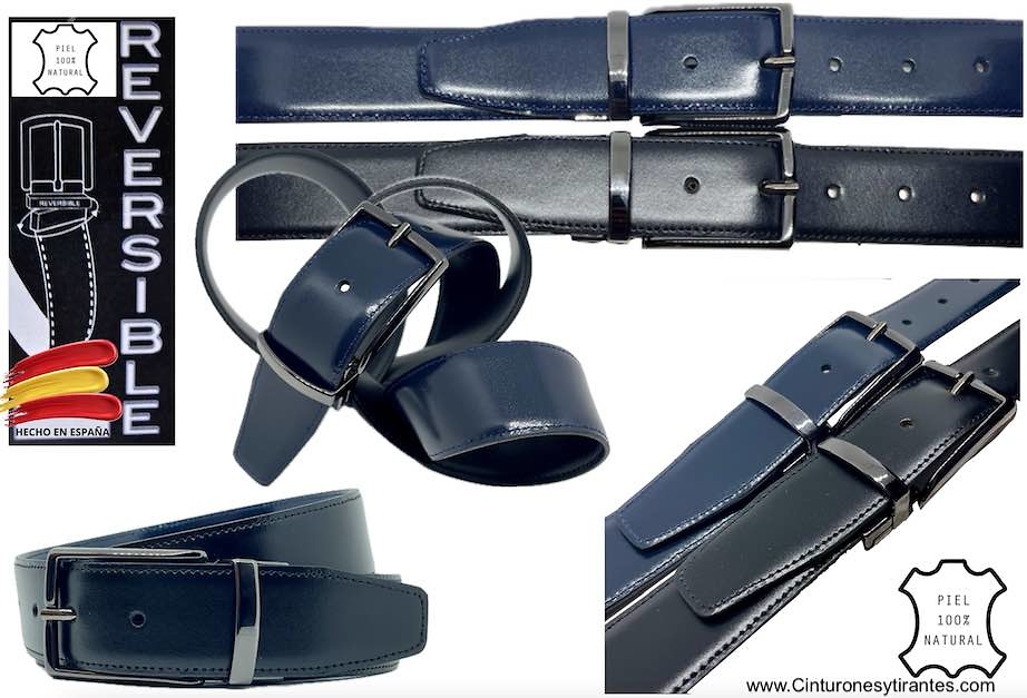 MEN'S REVERSIBLE BLACK AND NAVY BLUE LUXURY LEATHER BELT WITH BLUE BUCKLE 