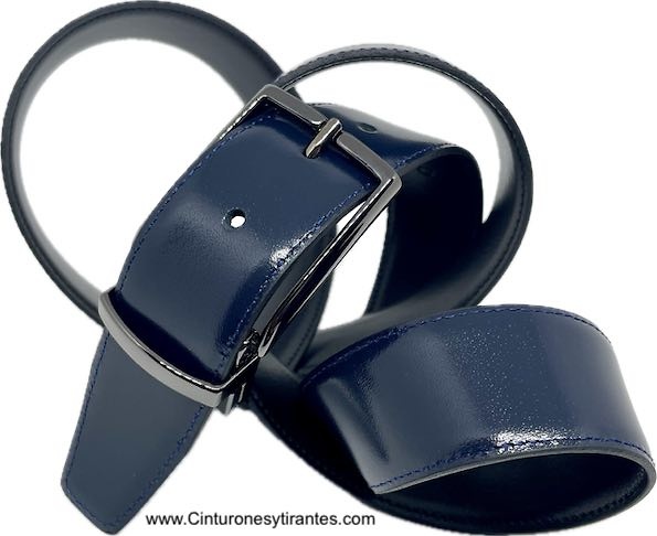 MEN'S REVERSIBLE BLACK AND NAVY BLUE LUXURY LEATHER BELT WITH BLUE BUCKLE 