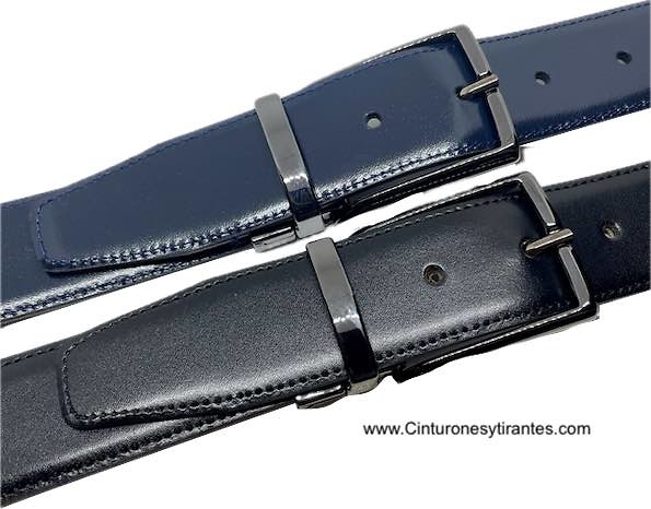 MEN'S REVERSIBLE BLACK AND NAVY BLUE LUXURY LEATHER BELT WITH BLUE BUCKLE 