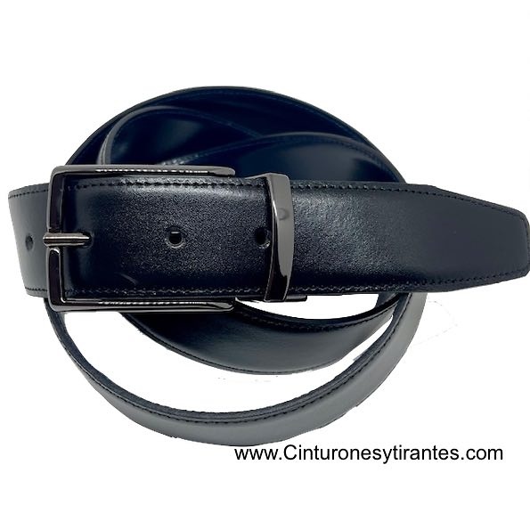 MEN'S REVERSIBLE BLACK AND NAVY BLUE LUXURY LEATHER BELT WITH BLUE BUCKLE 