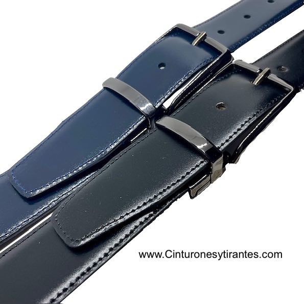 MEN'S REVERSIBLE BLACK AND NAVY BLUE LUXURY LEATHER BELT WITH BLUE BUCKLE 