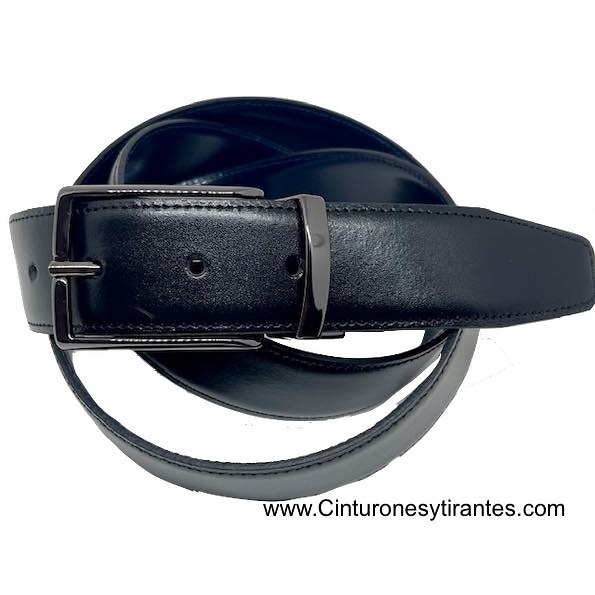 REVERSIBLE BLACK LUXURY LEATHER AND BLACK LEATHER REVERSIBLE BELT WITH BLUED BUCKLE FOR MAN 