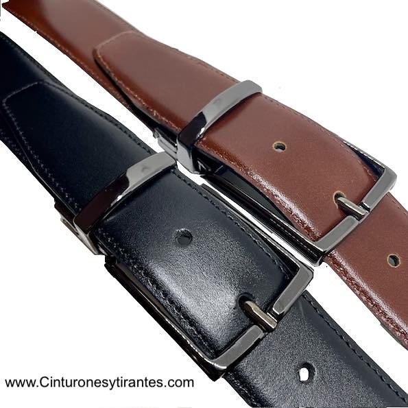 REVERSIBLE BLACK LUXURY LEATHER AND BLACK LEATHER REVERSIBLE BELT WITH BLUED BUCKLE FOR MAN 