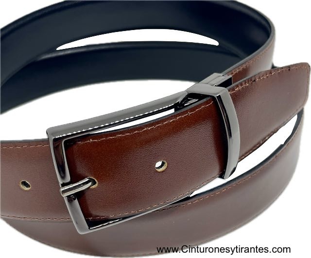 REVERSIBLE BLACK LUXURY LEATHER AND BLACK LEATHER REVERSIBLE BELT WITH BLUED BUCKLE FOR MAN 