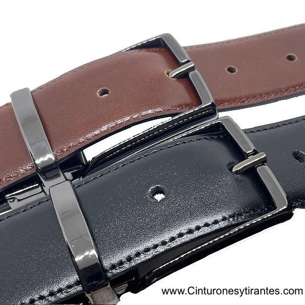 REVERSIBLE BLACK LUXURY LEATHER AND BLACK LEATHER REVERSIBLE BELT WITH BLUED BUCKLE FOR MAN 