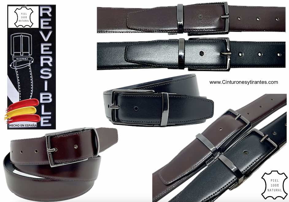 REVERSIBLE MEN'S BELT IN BLACK AND BROWN LUXURY LEATHER WITH BLUING BUCKLE 