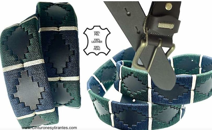 TRADITIONAL ARGENTINIAN MEN'S BELT WITH NAVY BLUE, WHITE AND ENGLISH GREEN WAXED THREAD 