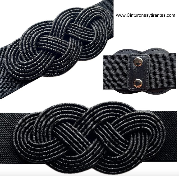 WOMEN'S ELASTICATED BELT WITH NAVY BLUE CORDED EIGHTS CLASP ALL BLACK 