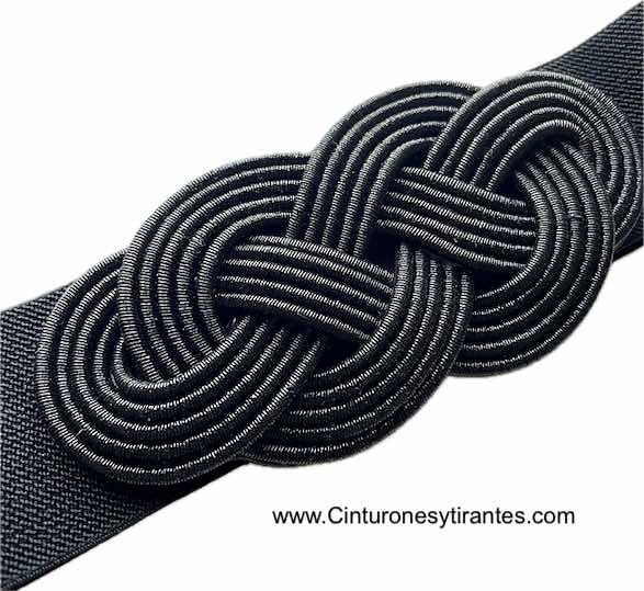 WOMEN'S ELASTICATED BELT WITH NAVY BLUE CORDED EIGHTS CLASP ALL BLACK 