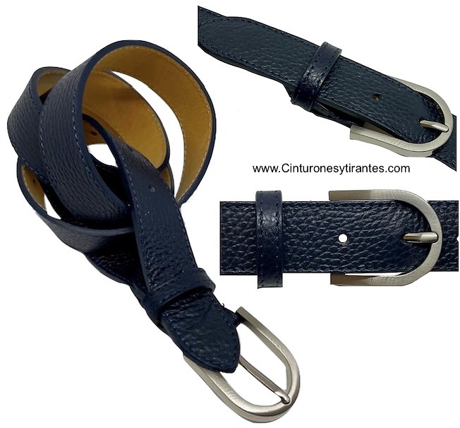 Women s fine leather navy blue belt silver plated buckle