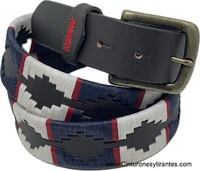 ARGENTINIAN LEATHER BELT FOR MEN WITH WHITE AND NAVY BLUE PATTERN WITH WAXED CORD 